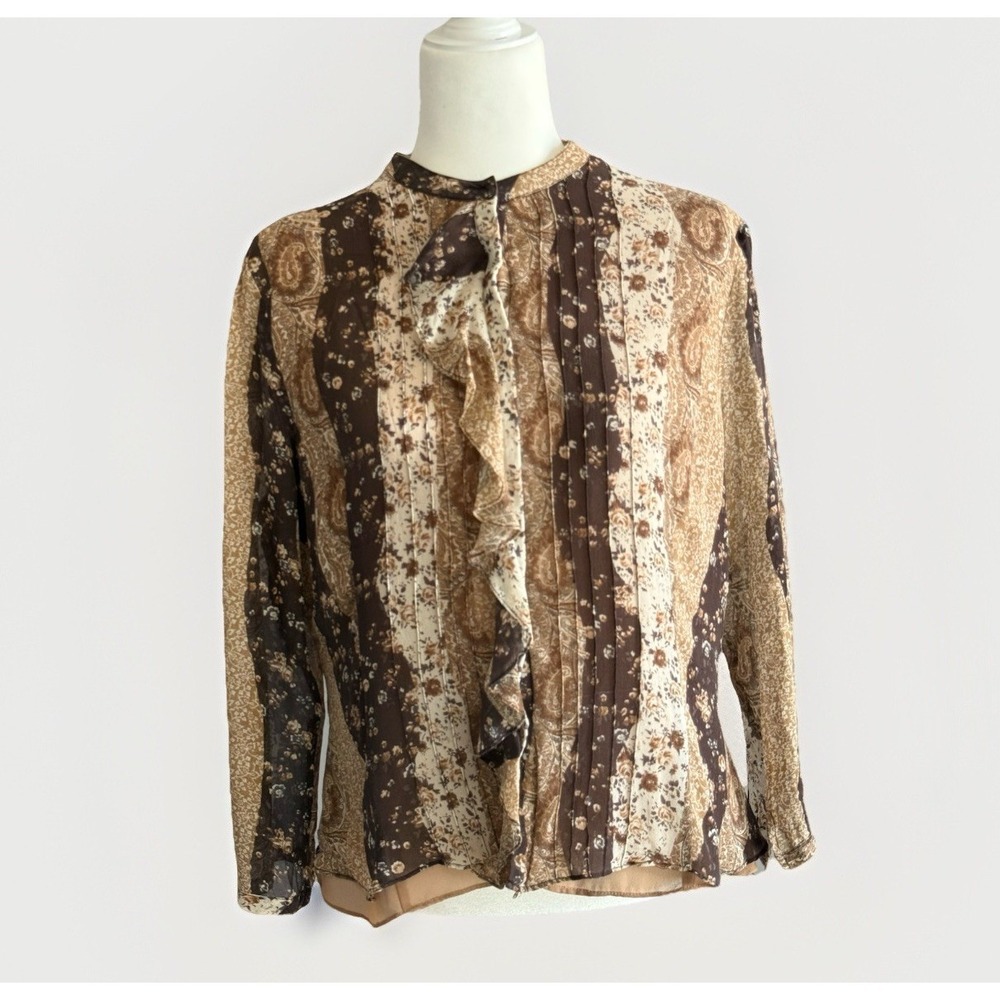 Vintage Laura Ashley Silk Blouse Floral Boho Patchwork Ruffle Flowy Brown Sz 14‎